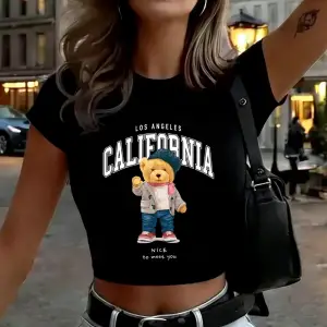 Güzel Tanışmaktayım Sevimli Ayı Baskılı Kadın Babby TeeTişörtleri Yazlık Yüksek Esnek Yumuşak Üst