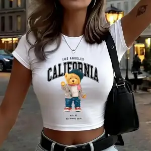 Güzel Tanışmaktayım Sevimli Ayı Baskılı Kadın Babby TeeTişörtleri Yazlık Yüksek Esnek Yumuşak Üst