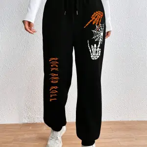 Halloween Skeleton Hand & Letter Graphic Drawstring Waist 4 Mevsim Eşofman