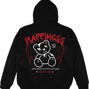 Happines Teddy Siyah Oversize Unisex Kapüşonlu Sweatshirt Hoodie