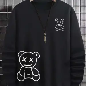 Happy Bear Oversize Bisiklet Yaka Pamuklu Sweatshirt Siyah