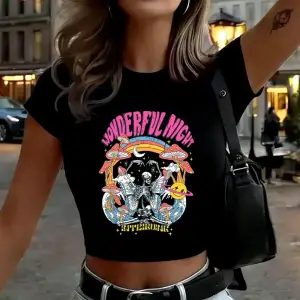 Harika Gece İskelet Baskıları Bayan Babby TeeT-Shirt Yaz İnce O-Yaka Üstler Yumuşak Kısa Kollu Ti