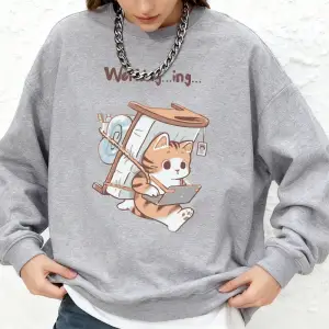 Hasta Bir Kedi Asla İşe Gelmeyi Unutmez Baskılı Kapüşonlu Kadınlar İçin Basit Sıcak Uzun Koll