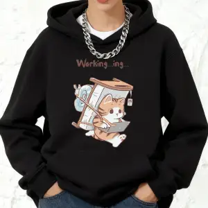 Hasta Bir Kedi Asla İşe Gelmeyi Unutmez Baskılı Kapüşonlu Üstler Pamuklu Kadınlar İçin Kışlık