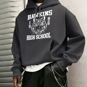 Hawkins Lisesi 1986 Desen Erkekler Temel Kapüşonlular Cep Vintage Üstler Günlük Moda Uzun Kol
