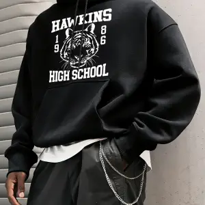 Hawkins Lisesi 1986 Desen Erkekler Temel Kapüşonlular Cep Vintage Üstler Günlük Moda Uzun Kol
