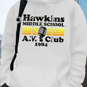 Hawkins Ortaokulu A.V. Club Prints Erkek Kapüşonluları Sonbahar Cepli Kazak Temel Polar Gevşe