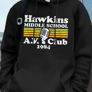 Hawkins Ortaokulu A.V. Club Prints Erkek Kapüşonluları Sonbahar Cepli Kazak Temel Polar Gevşe