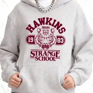 Hawkins Strange School Baskılı Kapüşonlu Üstler Pamuklu Kadın Bol Cepli Kazak Kışlık Polar Sı