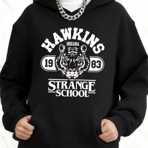 Hawkins Strange School Baskılı Kapüşonlu Üstler Pamuklu Kadın Bol Cepli Kazak Kışlık Polar Sı