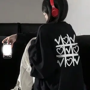 Heart Pattern Drop Shoulder Pullover Siyah