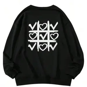 Heart Pattern Drop Shoulder Pullover Siyah