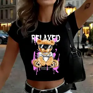 Her Zaman Havalı Kalın Ayı Baskılı Kadın Babby Teeları Yazlık Dar Kesim O-Yaka Tişörtler Yumuş