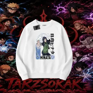 Hinata Hyuga Naruto Anime Karakteri Oversize Unisex Bisiklet Yaka Sweatshirt Beyaz