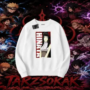 Hinata Hyuga Naruto Anime Karakteri Oversize Unisex Bisiklet Yaka Sweatshirt Beyaz