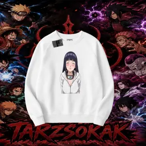 Hinata Hyuga Naruto Anime Karakteri Oversize Unisex Bisiklet Yaka Sweatshirt Beyaz