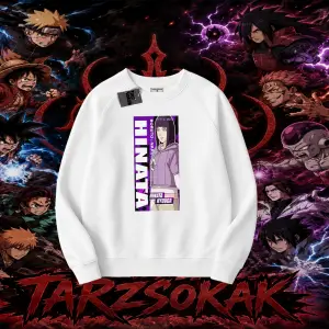 Hinata Hyuga Naruto Anime Karakteri Oversize Unisex Bisiklet Yaka Sweatshirt Beyaz