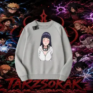 Hinata Hyuga Naruto Anime Karakteri Oversize Unisex Bisiklet Yaka Sweatshirt Beyaz