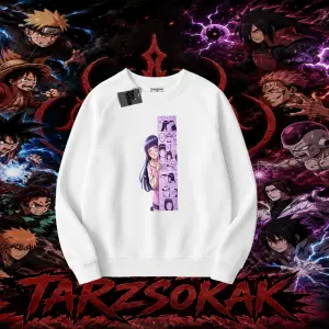 Hinata Hyuga Naruto Anime Karakteri Oversize Unisex Bisiklet Yaka Sweatshirt Beyaz
