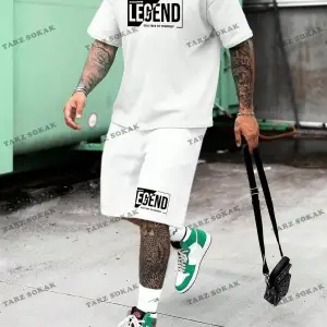 Homme Beyaz Örgü Erkek Kısa Kollu Tişört ve Şort Takım