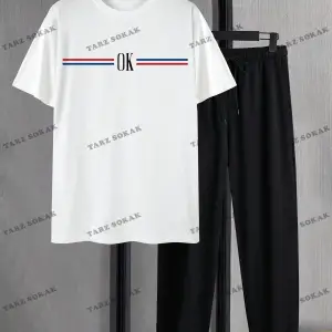 Homme Erkek Mektup Baskı Kısa Kollu Tişört Ve Uzun Pantolon İki Parçalı Set