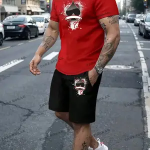 Homme Erkek Örümcek Baskılı T-Shirt Ve Şort Takım