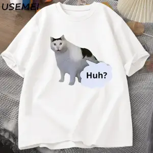 Huh Kedi Komik Meme T Shirt Erkek Kadın Absurd Weirdcore T-Shirt Rahat Yuvarlak Boyun Pamuk K 3031