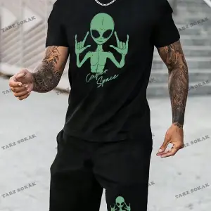 Hypemode Erkek Karikatür Baskılı Kısa Kollu Tişört Ve Şort Örme Rahat 2 Adet Kıyafe