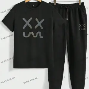 Hypemode Örme Günlük Baskılı Kısa Kollu Üst ve Uzun Pantolon Takım