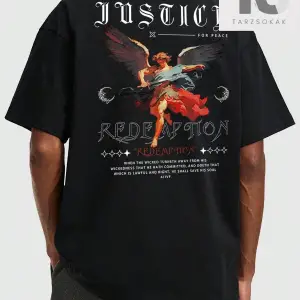 Hypemode Yuvarlak Yaka, Melek Baskılı ve Sloganlı Siyah Kısa Kollu Triko Erkek Tişö