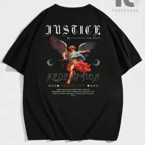 Hypemode Yuvarlak Yaka, Melek Baskılı ve Sloganlı Siyah Kısa Kollu Triko Erkek Tişö