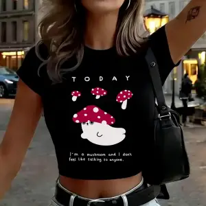 IM A Mushroom Baskılı Kadın Babby TeeTişörtleri Yazlık Yumuşak Yüksek Esnek Üstler O-Yaka Kısa K