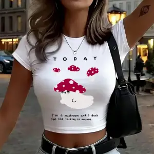IM A Mushroom Baskılı Kadın Babby TeeTişörtleri Yazlık Yumuşak Yüksek Esnek Üstler O-Yaka Kısa K
