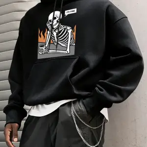 IM Fine İskelet Baskılı Erkek Basic Kapüşonlu Üstleri Hip Hop Bol Sweatshirtler Günlük Polar