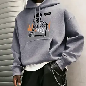 IM Fine İskelet Baskılı Erkek Basic Kapüşonlu Üstleri Hip Hop Bol Sweatshirtler Günlük Polar