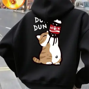 İçecek Karikatür Dun Dun Kedi Baskılı Kapüşonlu Üstler Kadın Rahat Bol Sweatshirtler Kışlık P