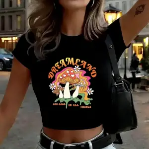 İlginç Mantar Baskılar Bayan Kırpma Üstleri Yaz İnce O-Boyun Sokak Stili Yumuşak Kısa Kollu T