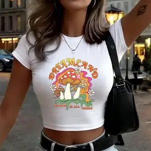 İlginç Mantar Baskılar Bayan Kırpma Üstleri Yaz İnce O-Boyun Sokak Stili Yumuşak Kısa Kollu T