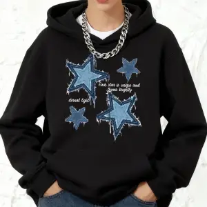 İmitasyon Denim Yıldız Baskılı Kapüşonlu Üstler Pamuklu Kadın Kışlık Bol Kazak Polar Sıcak Ko