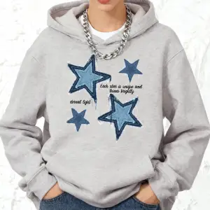 İmitasyon Denim Yıldız Baskılı Kapüşonlu Üstler Pamuklu Kadın Kışlık Bol Kazak Polar Sıcak Ko