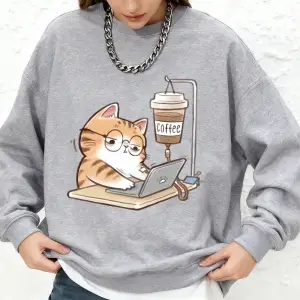 İş kedileri kahve baskılı kazak kadın rahat sıcak uzun kollu kapüşonlu üst Jogger bisiklet ya