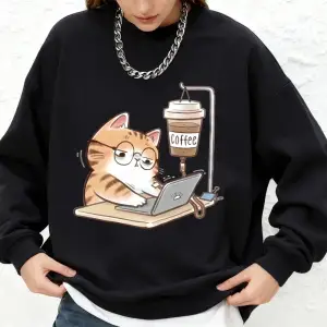 İş kedileri kahve baskılı kazak kadın rahat sıcak uzun kollu kapüşonlu üst Jogger bisiklet ya