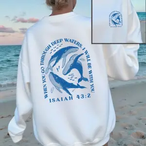 Isaiah 43 2 Balina Baskılı Sweatshirt Kadınlar İçin Bisiklet Yaka Basic Kapüşonlu Sweatshirtl