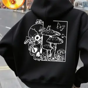 İskelet Mantar Kelebek Baskılı Kapüşonlu Kadınlar İçin Basit Cepli Sweatshirt Sonbahar Polar