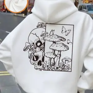 İskelet Mantar Kelebek Baskılı Kapüşonlu Kadınlar İçin Basit Cepli Sweatshirt Sonbahar Polar