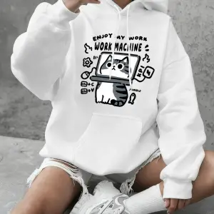 İşlerimi Keyfini Çıkarın Kedi Baskılı Tişörtler Bayanlar Kışlık Polar Sıcak Kapüşonlu Üstler