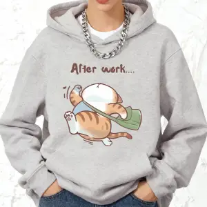 İşten Çıktıktan Sonra Koşan Kedi Baskılı Pamuklu Kapüşonlu Üstler Kadın Kışlık Cepli Sweatshi
