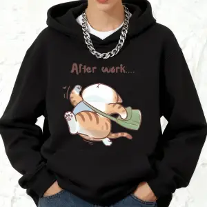 İşten Çıktıktan Sonra Koşan Kedi Baskılı Pamuklu Kapüşonlu Üstler Kadın Kışlık Cepli Sweatshi