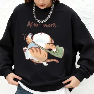 İşten sonra koşan kedi baskı kapüşonlu üstler kadın kış Jogger sıcak tişörtü o-boyun büyük bo