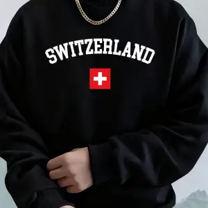 İsviçre Bayrağı Baskılı Erkek Kapüşonlu Üstleri Sonbahar Bisiklet Yaka Tişörtü Temel Polar Sı